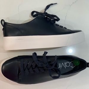 Calvin Klein Chunky Platform Leather Sneakers, Navy Blue/White, Women’s (US 7)